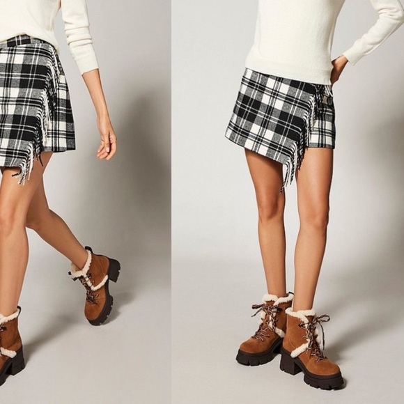 NWT ANTONIO MELANI Georgie Black and White Plaid Fringe Skirt size 14 - Picture 2 of 13